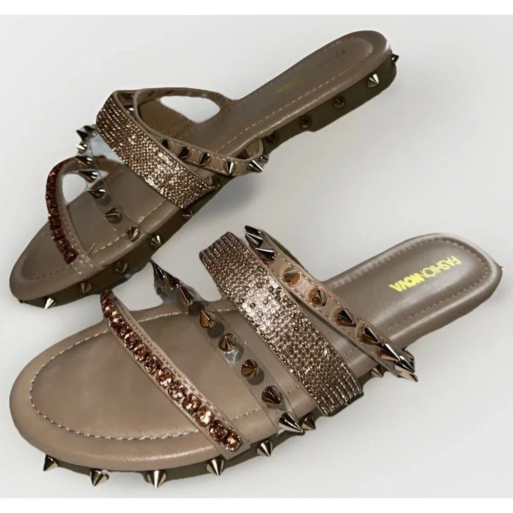 Fashion Nova Sandals 9 Flat Strap Spike‎ Studded Rhinestones Bling Rose Gold NIB